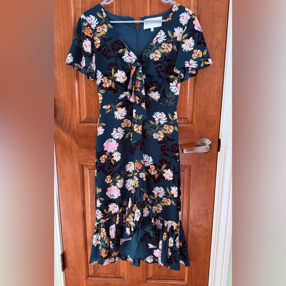 Charles Henry Teal Tropical Floral V Neck Bowtie High-Low Midi Dress, Sz XS